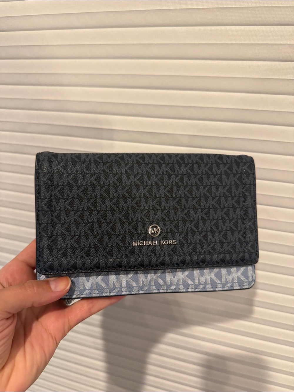 Michael Kors Women’s Black and Light Blue MK Signature Trifold Wallet